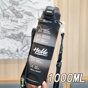 Detail of 1000ml frosted gradient water bottle with time markers and portable strap