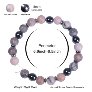 Natural stone beaded bracelet with pink agate, hematite, and a silver heart pendant charm