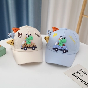 Close-up of dual-color kids baseball caps featuring 3D dinosaur car embroidery and roar design