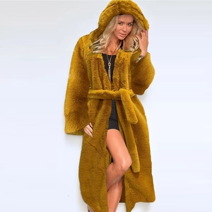 Detailed front view of long mustard yellow faux fur hooded coat with waist belt tie