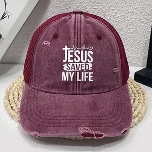 Casquette trucker vintage bordeaux avec imprimé Jesus Saved My Life et filet à l'arrière