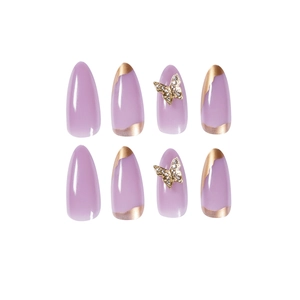 Elegant almond-shaped lavender press-on nails with gold foil and rhinestone butterfly