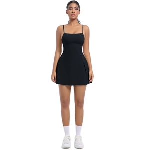 Front view of black athletic tennis dress with thin straps and square neckline