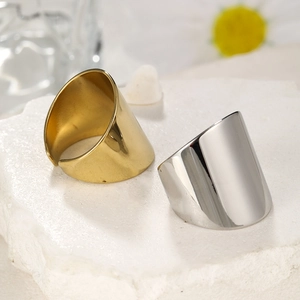 Minimalist wide band open rings in 14k gold and silver finish with polished surface