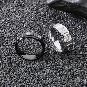 Men's 8mm titanium steel ring set with geometric texture and sparkling cubic zirconia