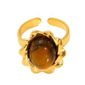 Gold-plated stainless steel open ring featuring a vintage fan-shaped cat eye stone inlay