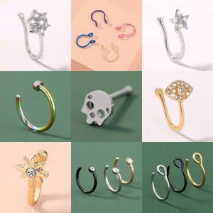 U-shaped non-piercing nose rings set with star, skull and evil eye charms in multiple colors