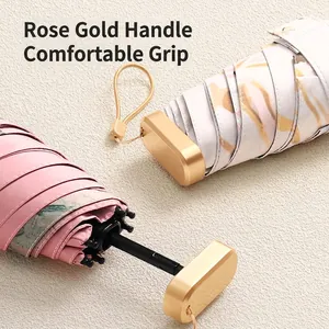 Mini five-fold sun umbrella with rose gold handle and floral pattern oil painting canopy