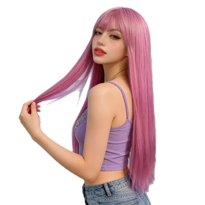 Long pink straight hair wig with air bangs on model, minimalist style against white backdrop