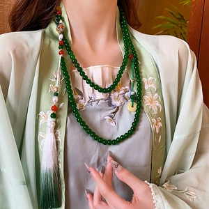 Retro Chinese Style Long Beaded Necklace With Imitation Artificial Pearls Glass Beads Flower Pendant And Gradient Tassel Women