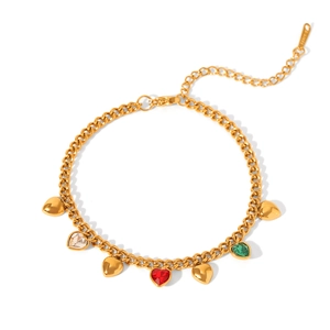 Detail of stainless steel heart bracelet with colorful gemstones and S-STEEL mark