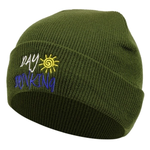 Army green rib-knit beanie with Day Drinking embroidery and sun detail for winter warmth