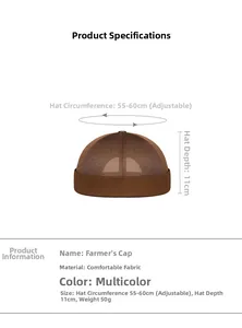 Detail of a brown mesh docker cap showing 55-60cm adjustable size and 11cm depth specs