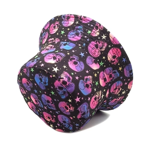 Black bucket hat featuring colorful gradient skull and star patterns for outdoor style