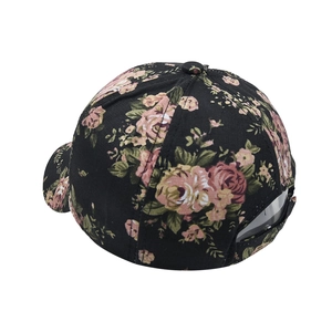 Floral print baseball cap in black with vintage roses and ponytail hole detail