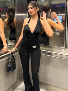 Women Halter Top And Flared Pants Outfits Sexy Backless V Neck Polyester Spandex Slim Fit Streetwear Metal Buckles