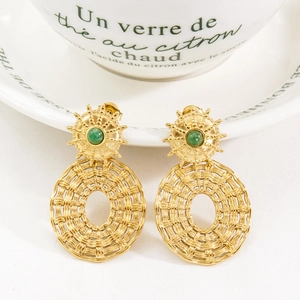 Bohemian gold stainless steel earrings with woven texture and green natural stone accent