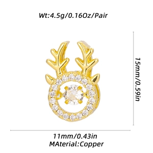 Detailed view of golden deer antler earrings with white zircon inlays and dimensions