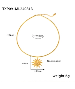 Detailed view of 18k gold plated titanium steel spiral sun pendant necklace with dimensions
