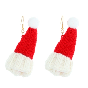 Festive Christmas hat earrings with knit texture and white pom-poms on gold hooks