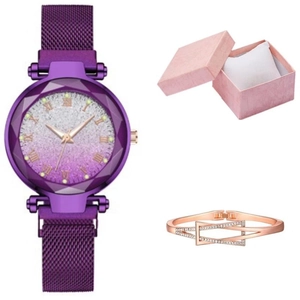 Orologio al quarzo con cinturino magnetico viola e bracciale con strass in confezione