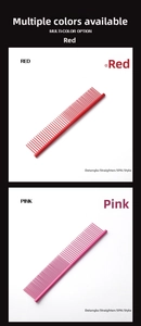 Detail of red and pink fine-tooth metal pet grooming combs for detangling and styling hair