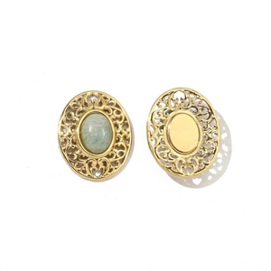 Detailed front and back view of vintage gold hollow earrings with green oval stone inlay