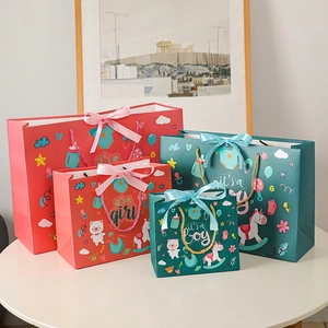 Cartoon Baby Shower Gift Bags Cardboard Ribbon Bow Handle Birthday Party Favour Newborn Paper
