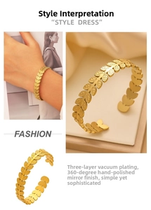 Detail of 18k gold plated leaf cuff bracelet with mirror polishing and vacuum plating