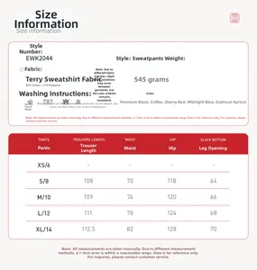 Detailed size chart for high waist sweatpants showing fabric blend and measurements