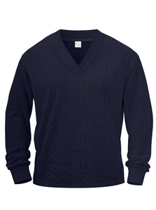 Detailed view of dark blue V-neck knit sweater featuring subtle jacquard texture fabric