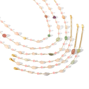 Collier Bracelet Perles Pierre Naturelle Colorée Acier Inoxydable Plaqué Or 18K Pierre Irrégulière Vintage Français Pour Femmes