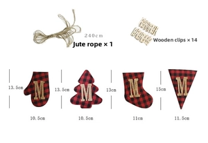 Detail of red and black plaid Christmas banner with wooden clips and hemp rope
