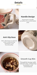 Detail of vintage ceramic mug with ergonomic handle, non-slip base, and smooth rim
