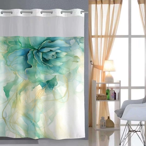 Détail du rideau de douche floral sarcelle avec anneaux en métal et accents dorés