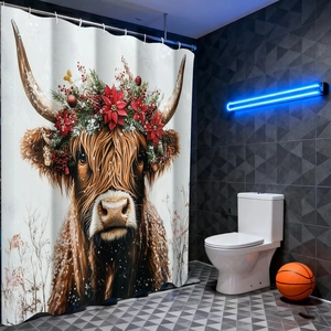 Close-up of waterproof Christmas shower curtain featuring a Highland cow with festive wreath