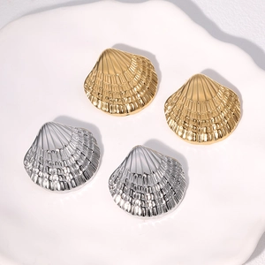 Scallop Shell Stud Earrings Stainless Steel 18K Gold Plated Textured Ocean Theme Jewelry For Women