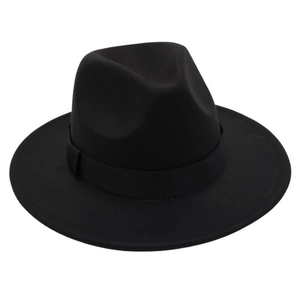 Close-up of a classic black wide-brim wool felt fedora hat with a satin ribbon decoration