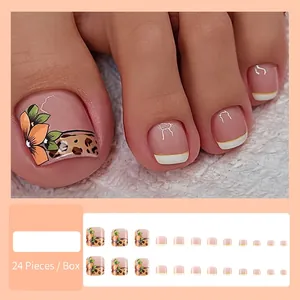 Set van 24 kunstnagels voor tenen met oranje bloemen en luipaardprint design JY176-B7