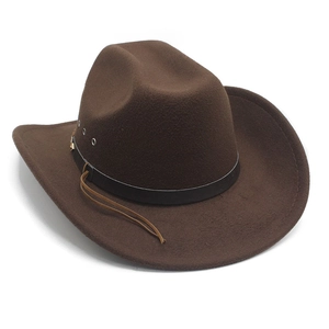Detail of a dark brown western cowboy hat with metal eyelets and a leather band