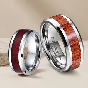 Mens 8mm vintage stainless steel ring with elegant red wood inlay and brushed silver finish