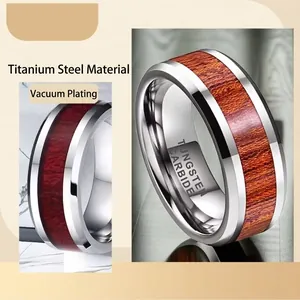Mens 8mm vintage stainless steel ring with elegant red wood inlay and brushed silver finish