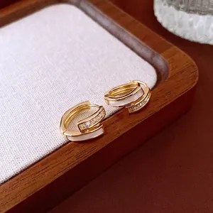 Double-layered gold plated rectangular zircon hoop earrings with white enamel inlay