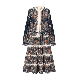 Damen Langarm Paisley Print Maxikleid Boho Gestufter Rock Mit Gürtel Vintage Elegant Dunkelblau
