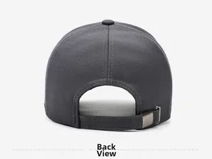 Detail of dark grey baseball cap featuring adjustable back strap with metal buckle