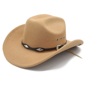 Detail of camel wool felt fedora with black leather band and silver diamond rivets