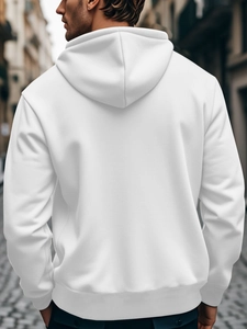 Rear view of white oversized hoodie for men with premium cotton texture and hood detail