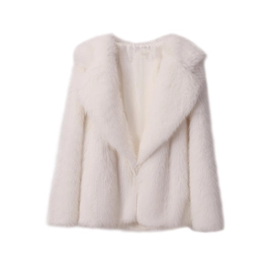 Detailed view of the soft faux fur texture and lapel design on this white winter coat