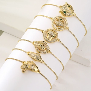 Leopard Head Bracelet Copper Gold Plated With Zircon Green Eyes Adjustable Slider Hip Hop Jewelry For Women