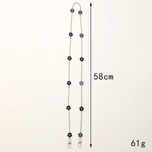 Silver metal chain strap with black floral charms and lobster clasps for bags or phones
